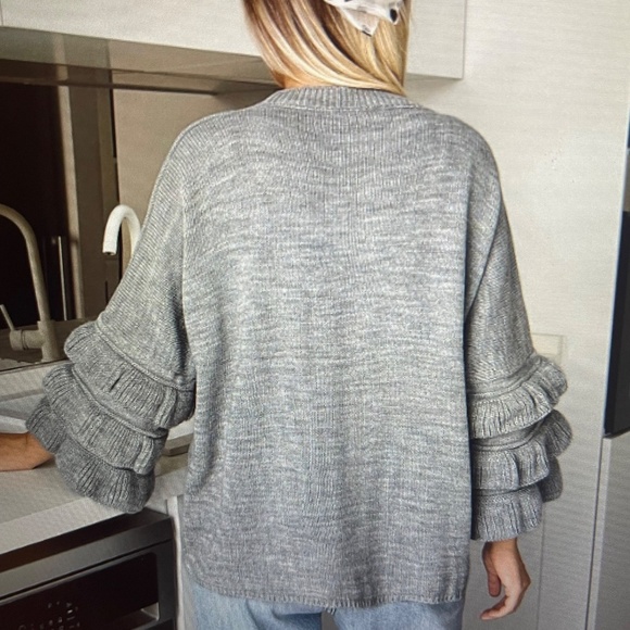Ruffle Sleeves Round Neck Sweater Color: Grey) - Picture 3 of 5